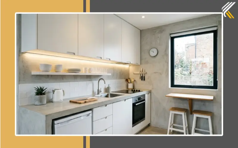 small modern cement kitchen with light grey finish and compact layout