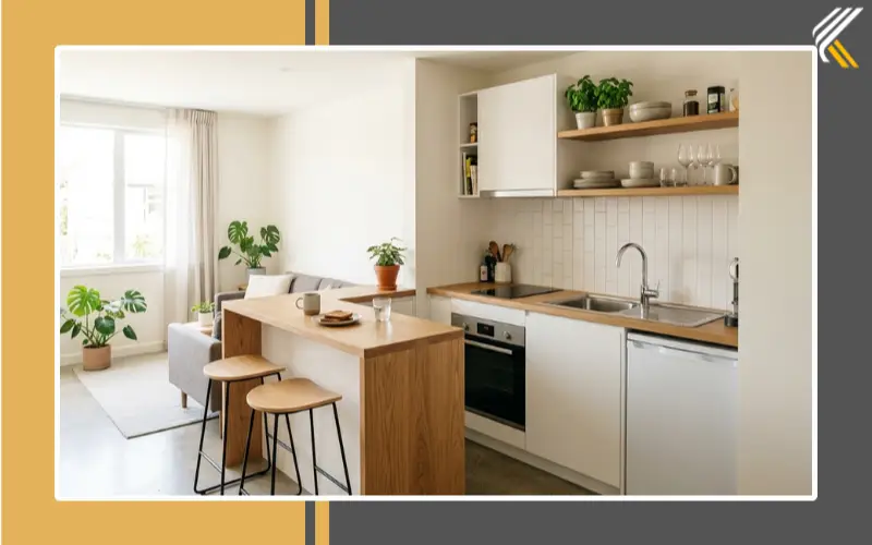 small open kitchen with breakfast bar space saving design