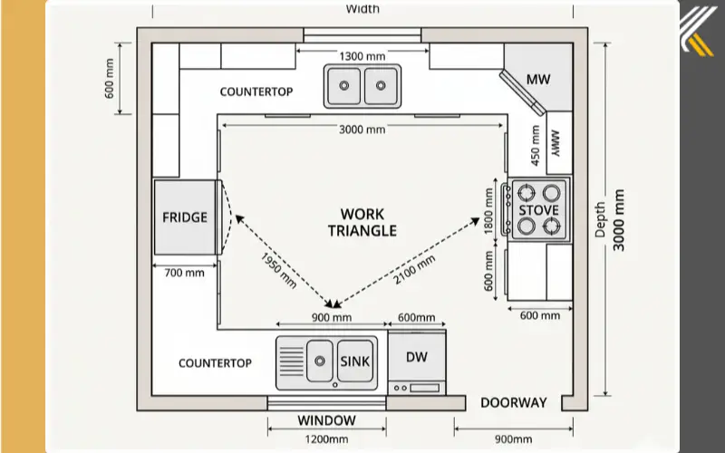 u shaped kitchen layout diagram with work triangle