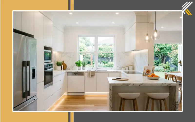 U-shaped kitchen layout design with cabinets