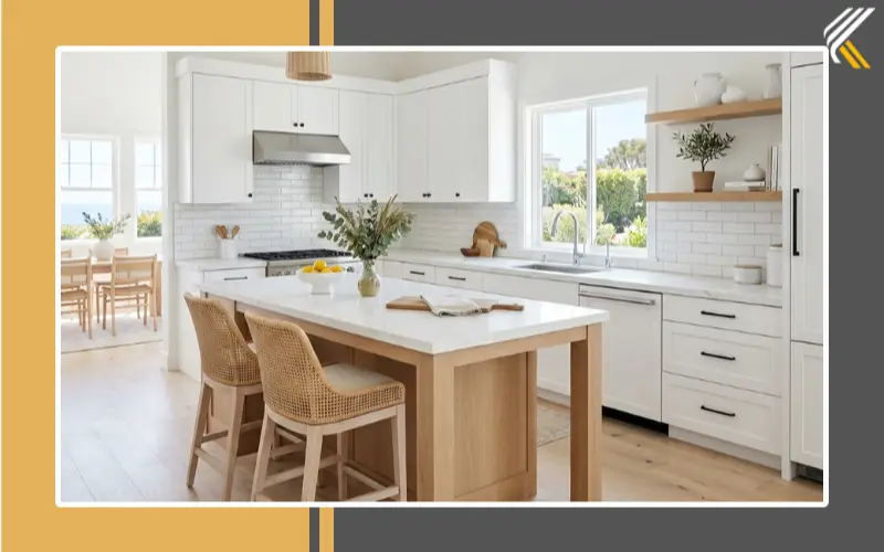 white shaker cabinets in modern coastal kitchen design