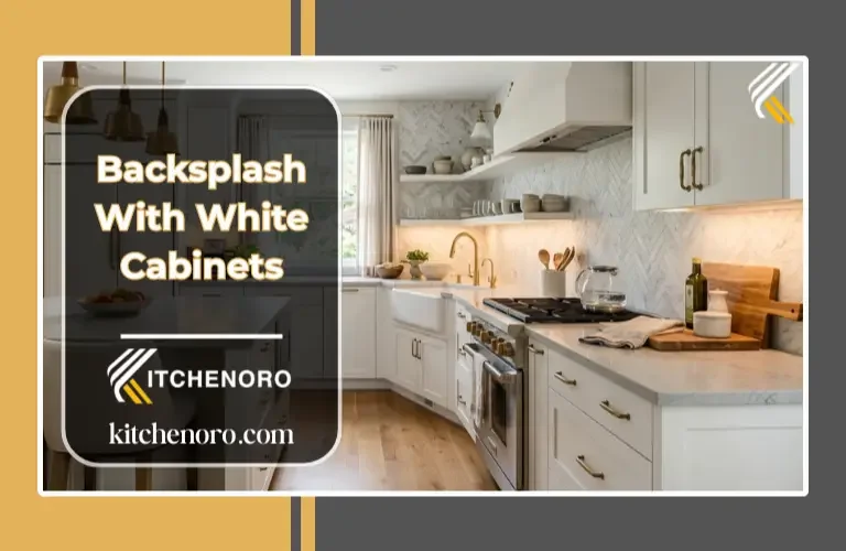 Modern backsplash with white cabinets and warm kitchen lighting
