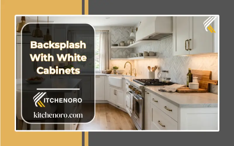 Modern backsplash with white cabinets and warm kitchen lighting