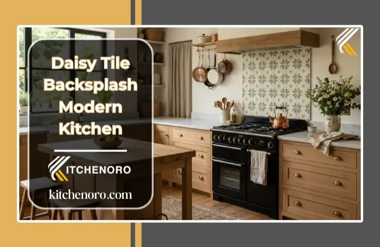 White daisy tile backsplash in a cozy modern farmhouse kitchen