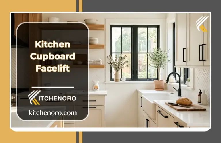 Modern kitchen cupboard facelift with painted cabinets and open shelving