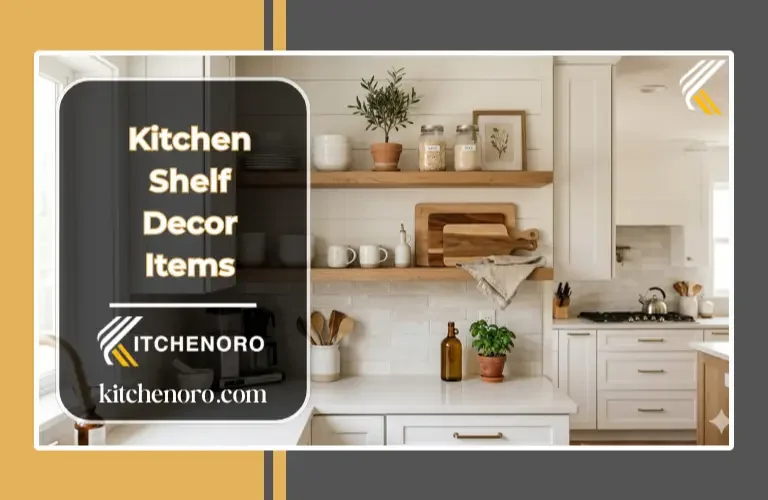 Stylish kitchen shelf decor items on modern open shelves