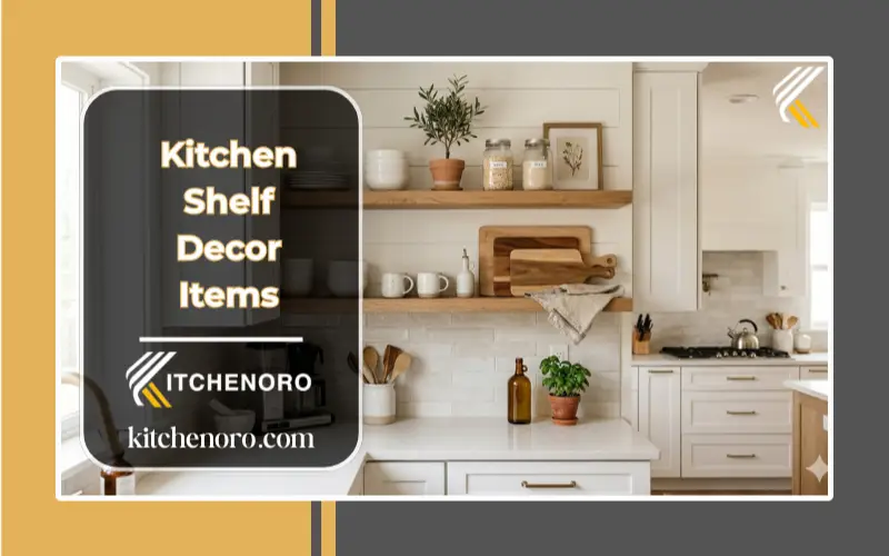 Stylish kitchen shelf decor items on modern open shelves