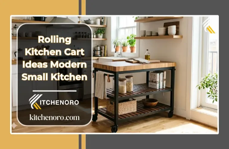 Modern rolling kitchen cart idea in a small white kitchen with wood countertops and open shelving