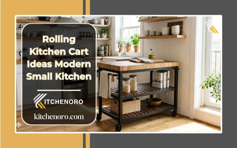 Modern rolling kitchen cart idea in a small white kitchen with wood countertops and open shelving