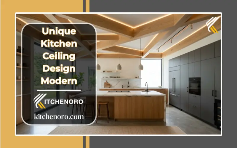 unique ceiling designs for kitchen with wood beams and LED lighting