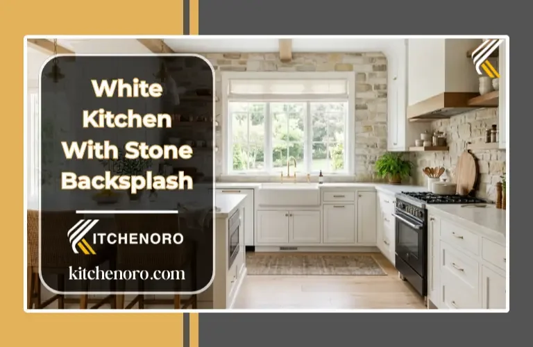 Bright white kitchen with natural stone backsplash and warm wood accents