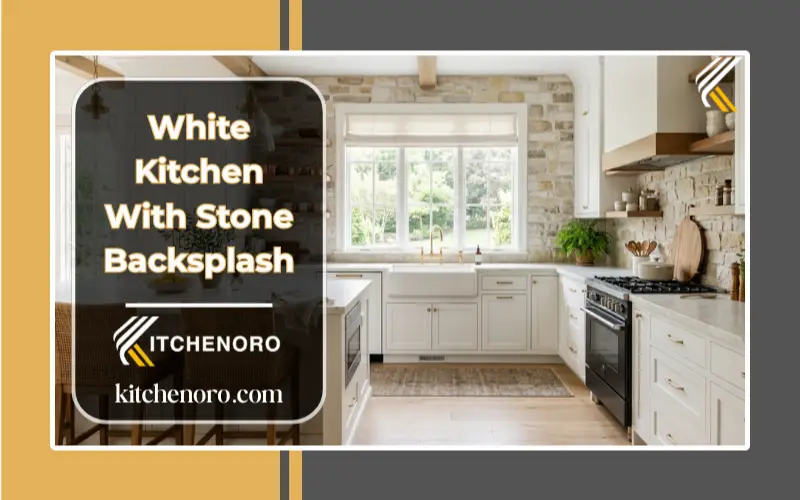Bright white kitchen with natural stone backsplash and warm wood accents