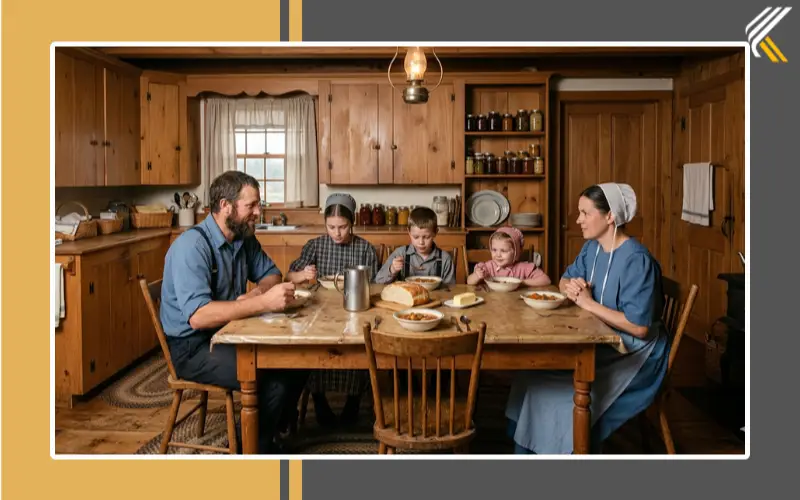 Family using Amish kitchen with wooden table and simple design