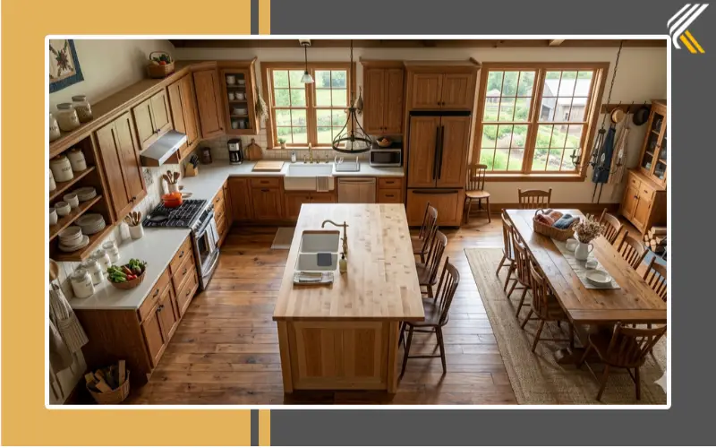 Amish kitchen layout with open dining area and island