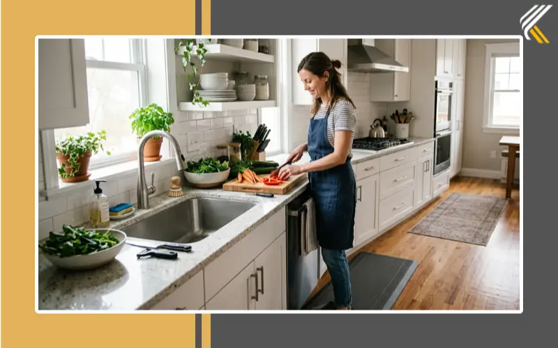 Anti-fatigue kitchen mat placed near sink in modern kitchen