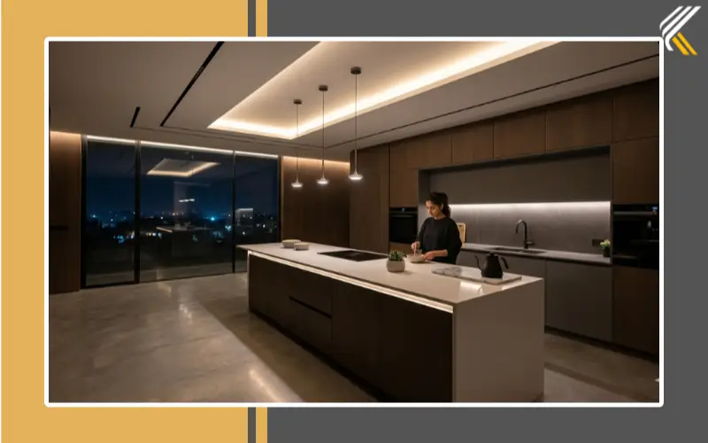 backlit ceiling design with LED lighting in modern kitchen