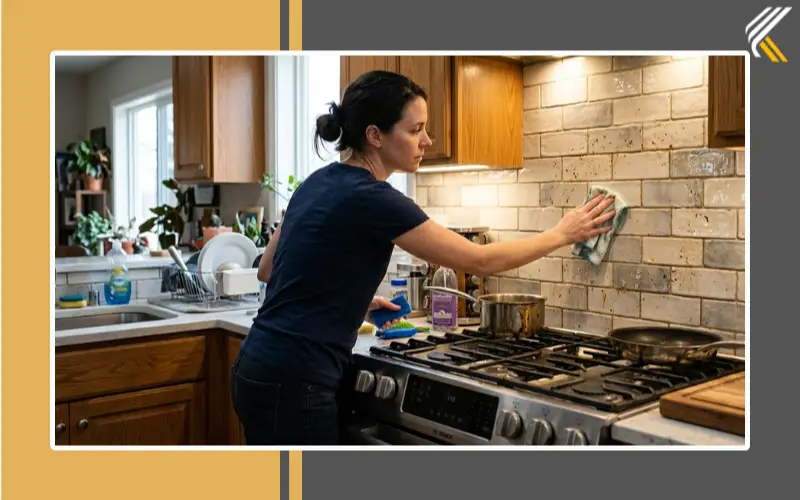 Cleaning textured backsplash tile in kitchen