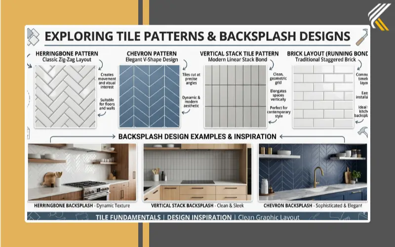 Kitchen backsplash tile layout patterns including herringbone and chevron