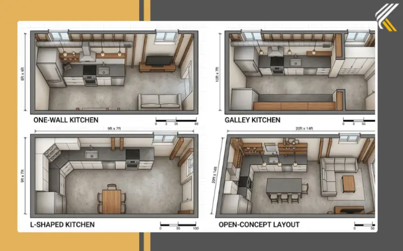 basement kitchen layout ideas including one wall galley and l shaped layouts