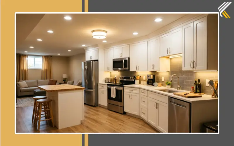 basement kitchen lighting ideas with layered lighting and under cabinet lights