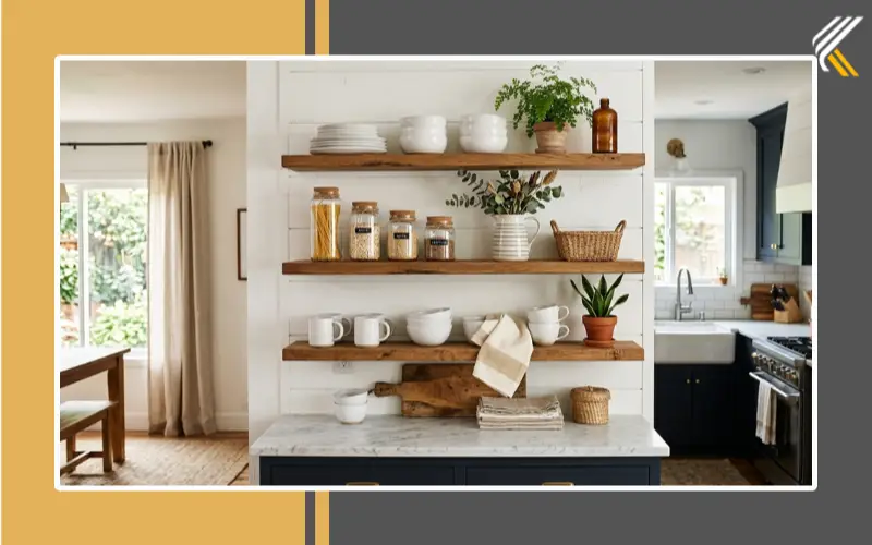 Beautiful open kitchen shelves with cozy neutral decor
