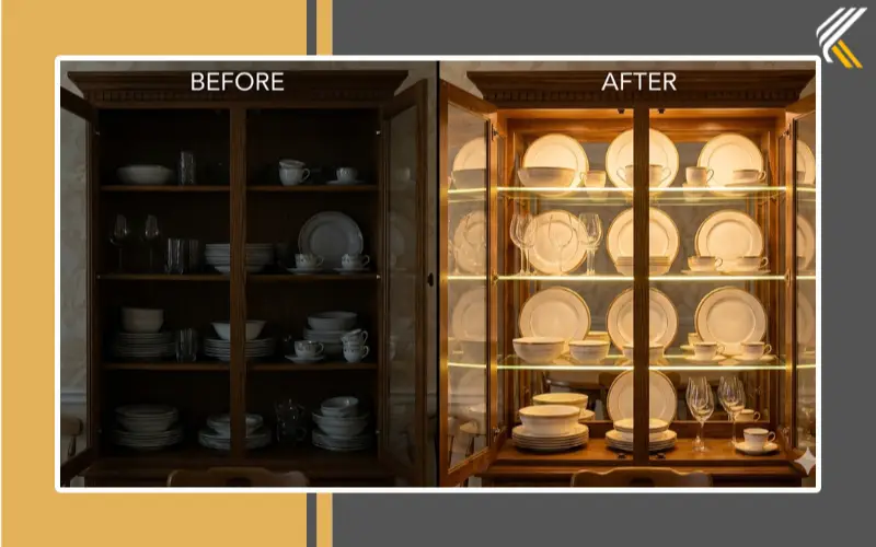 before and after crockery cabinet lighting transformation