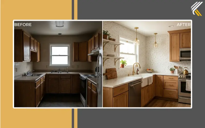 Before and after kitchen makeover with daisy tile backsplash