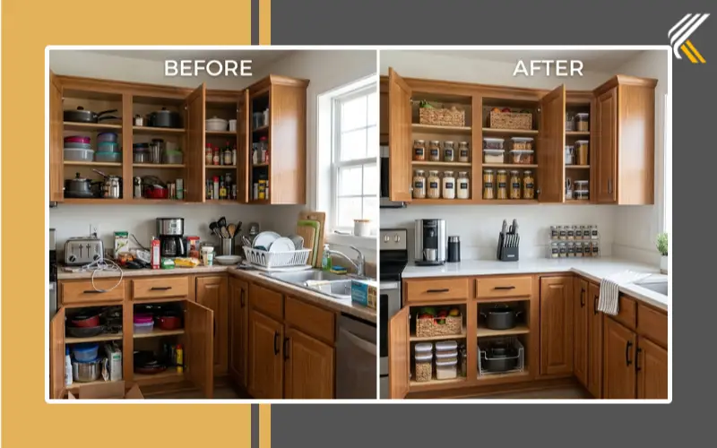Before and after kitchen organization transformation with decluttered storage