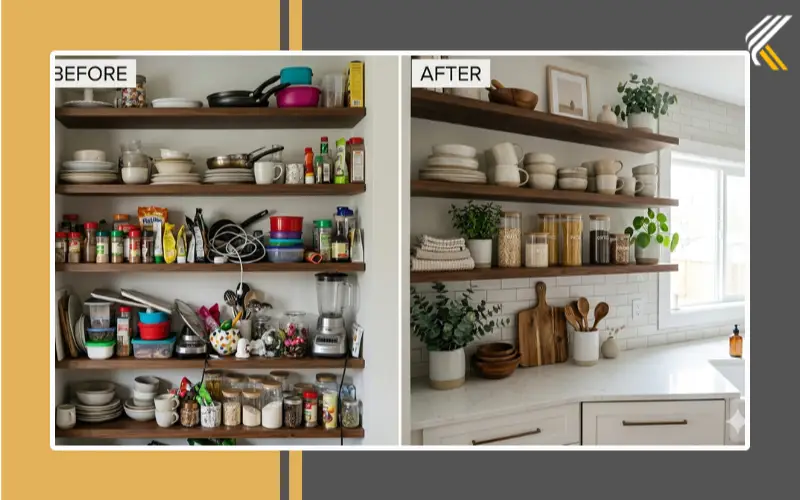 Before and after kitchen shelf styling transformation