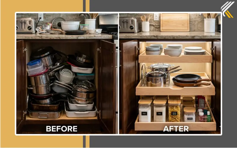Before and after DIY pull out shelves kitchen cabinet organization