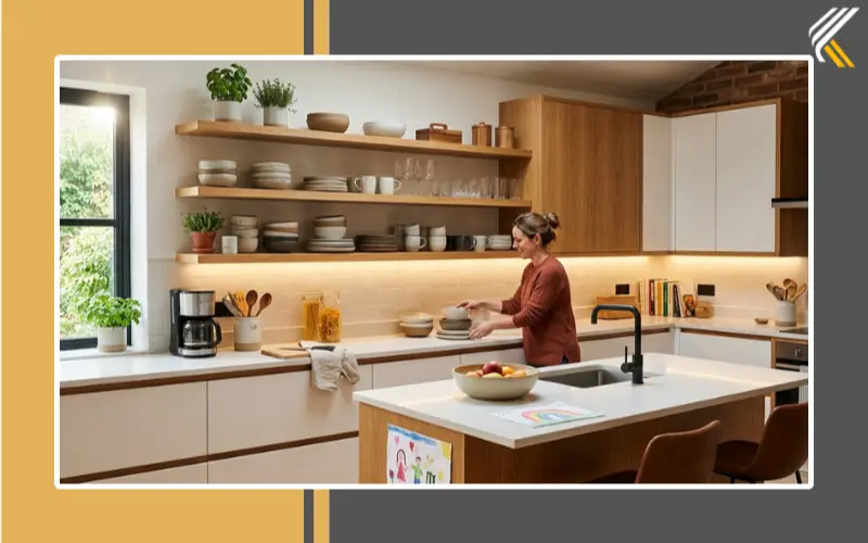 Modern kitchen with balanced open and closed crockery storage