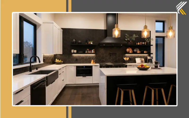 Black backsplash with white cabinets modern kitchen