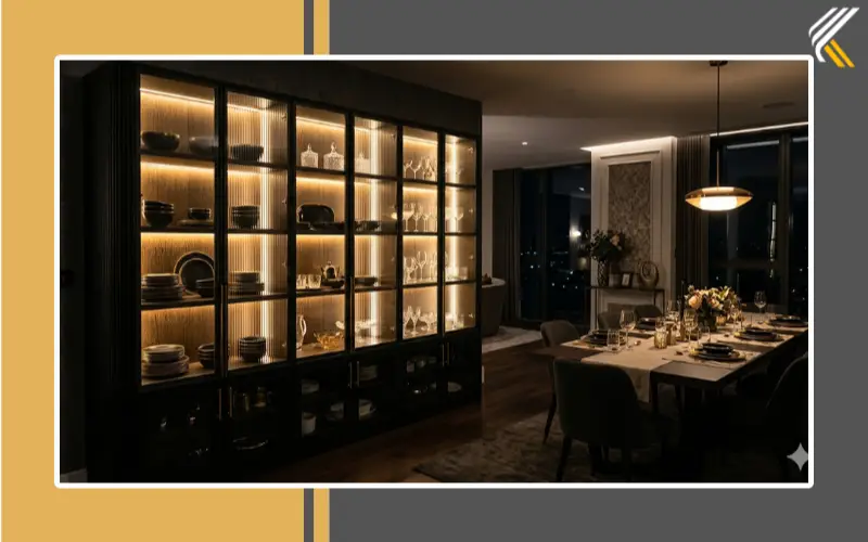 black crockery cabinet with warm ambient lighting
