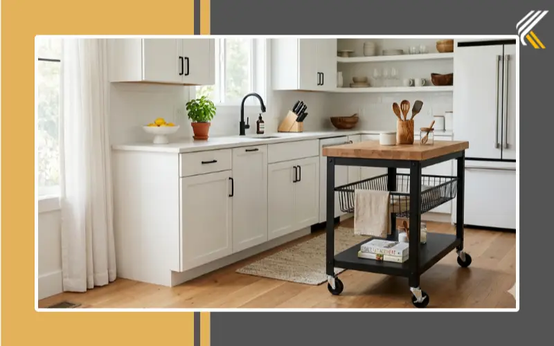 Black rolling kitchen cart in a modern white kitchen design