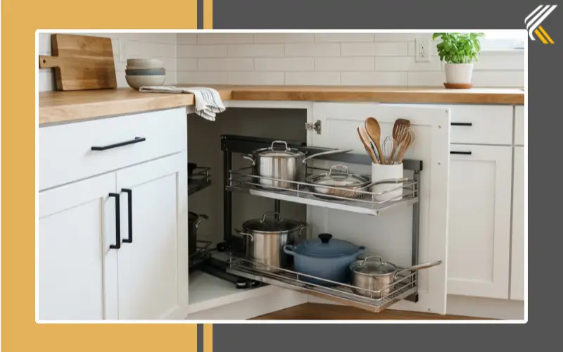 Blind corner cabinet pullout storage system in modern kitchen