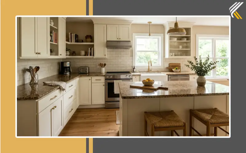 Brown granite countertops with modern cream backsplash