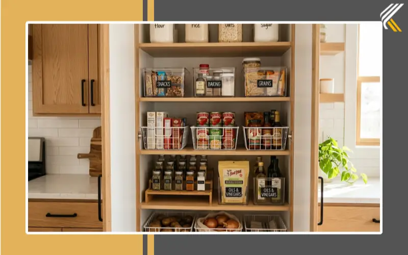 Budget-friendly kitchen cabinet organization ideas using bins and shelf risers