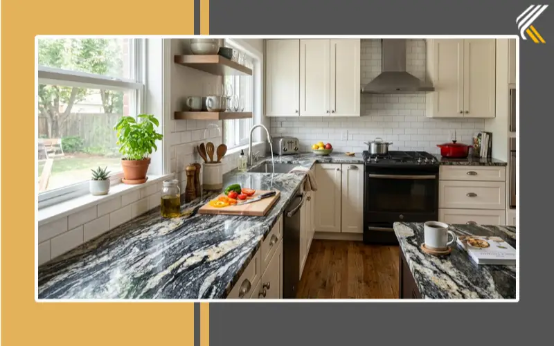Simple backsplash paired with busy granite countertops