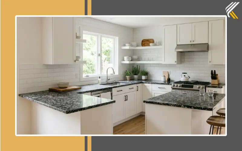 Simple white backsplash with busy granite countertops