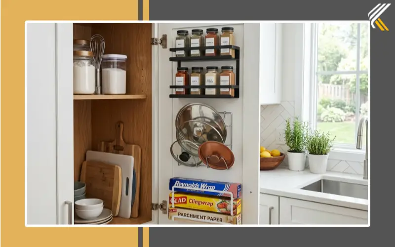 Kitchen cabinet door storage hacks with lid organizer and spice rack