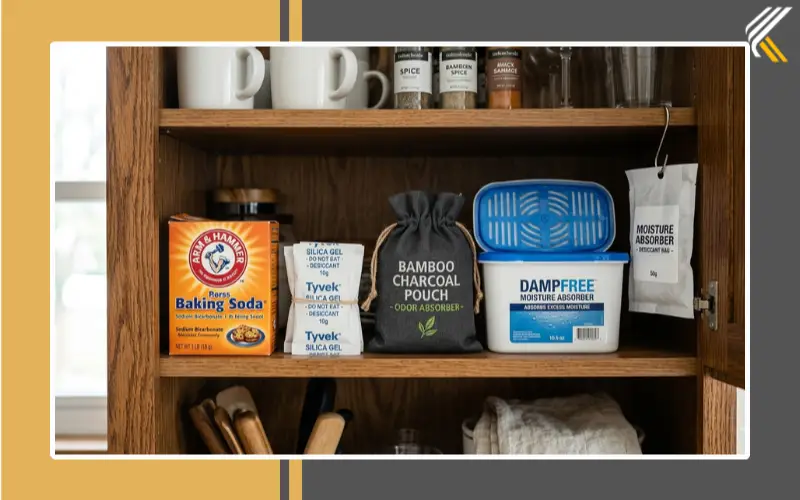 Silica gel packs and baking soda inside kitchen cabinet for moisture control