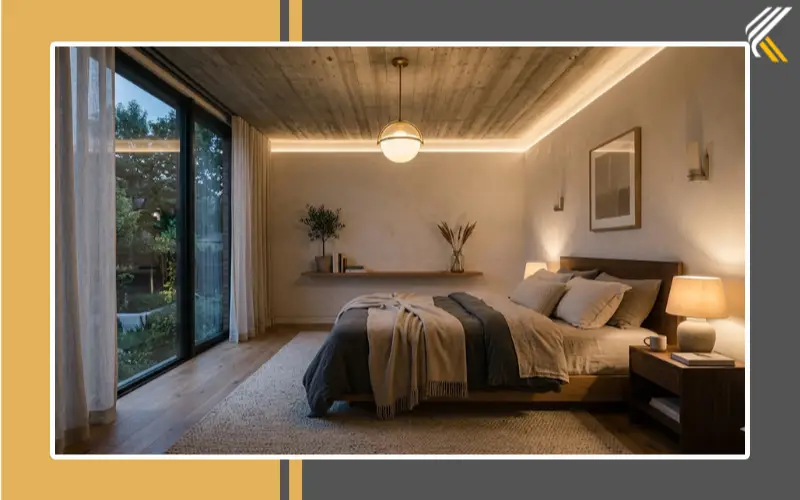 cement ceiling bedroom design warm lighting modern interior