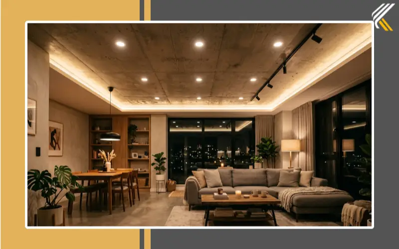 cement ceiling lighting ideas recessed LED warm lighting