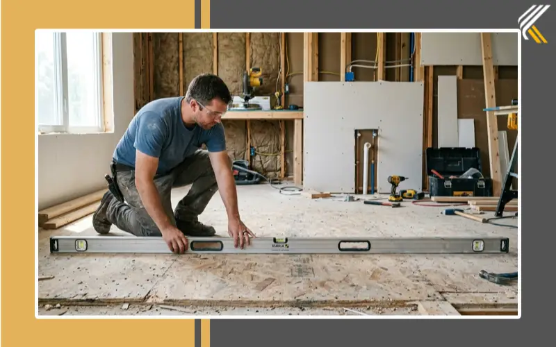 Checking uneven kitchen floor with spirit level before cabinet installation