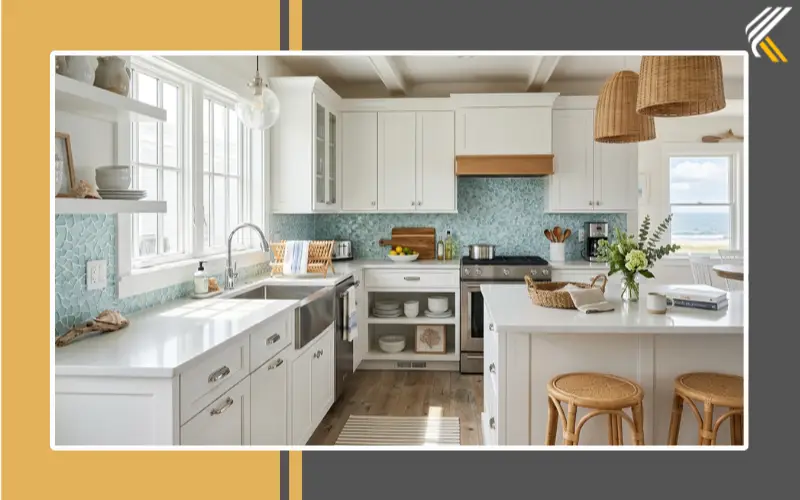 Coastal kitchen backsplash with white cabinets