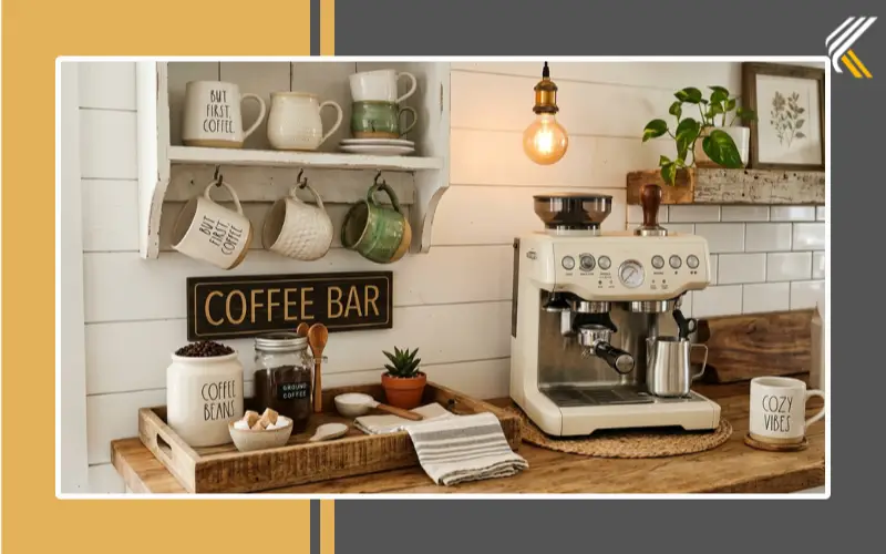 Cozy coffee station countertop decor ideas with mugs and wooden tray