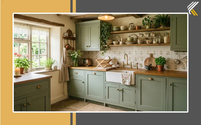 Cottagecore kitchen with floral daisy backsplash tiles