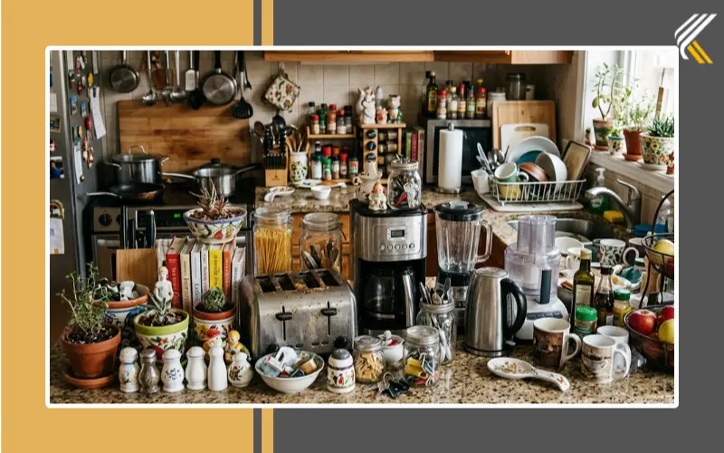 Overcrowded kitchen countertop with too many decorative items