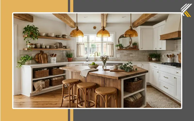Warm cozy farmhouse kitchen with timeless rustic accessories