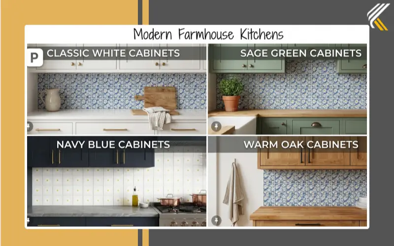 Different cabinet color pairings with daisy tile backsplash